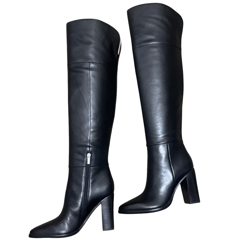 Marc Fisher Lasli Over-the-Knee Boots Womens 9 Black Leather Block Heel NWOT